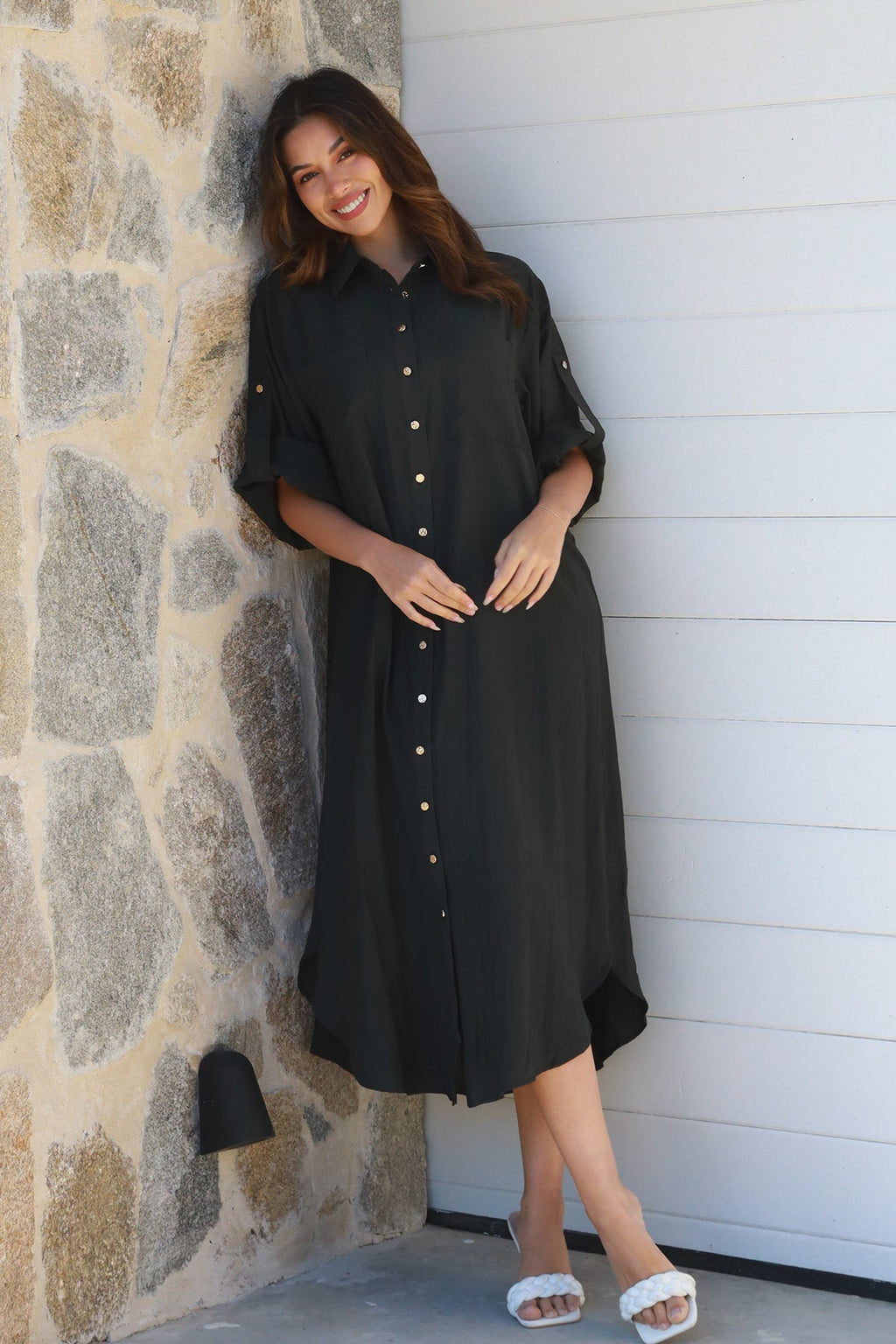 Alina Solid Black Midi Dress