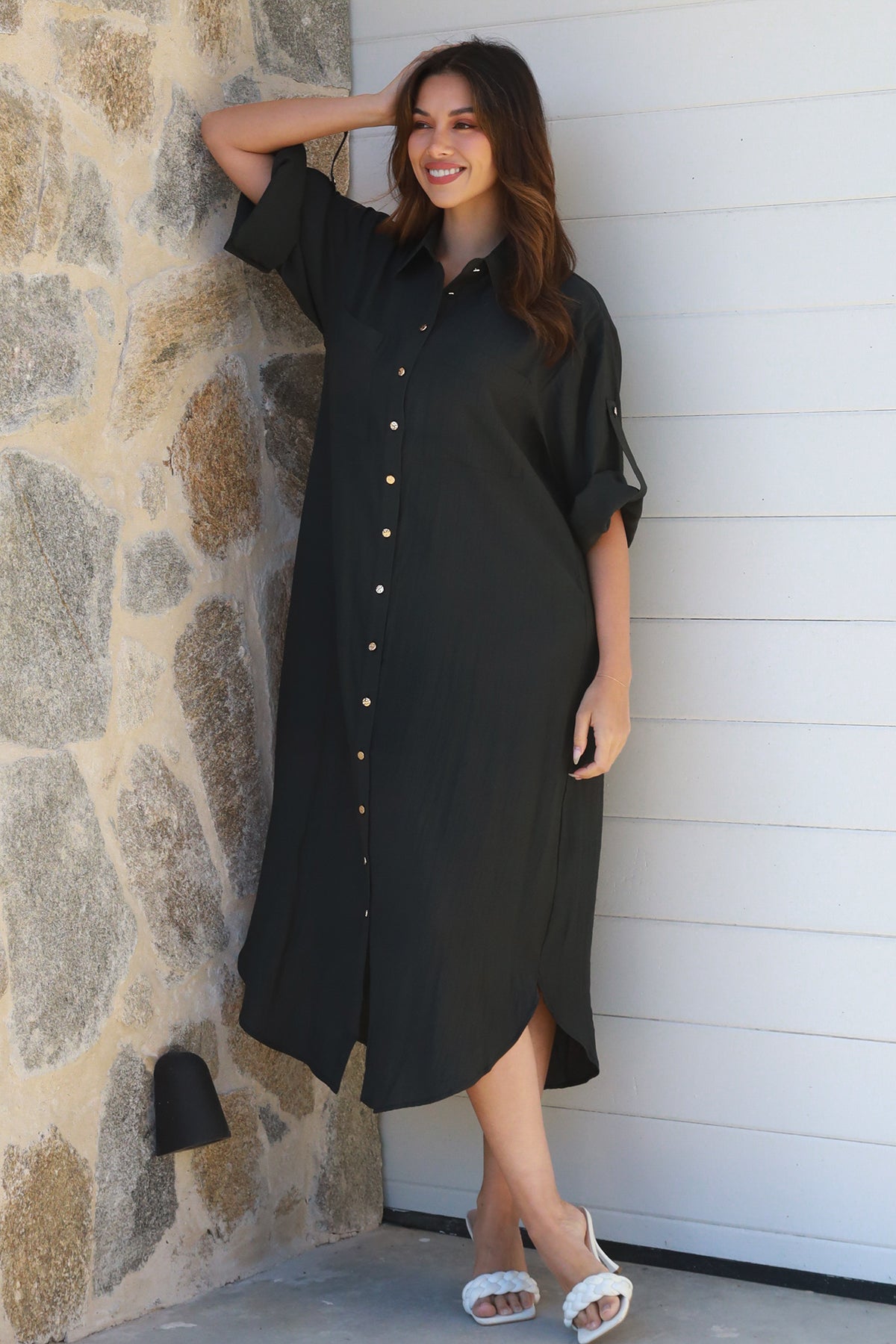 Alina Solid Black Midi Dress