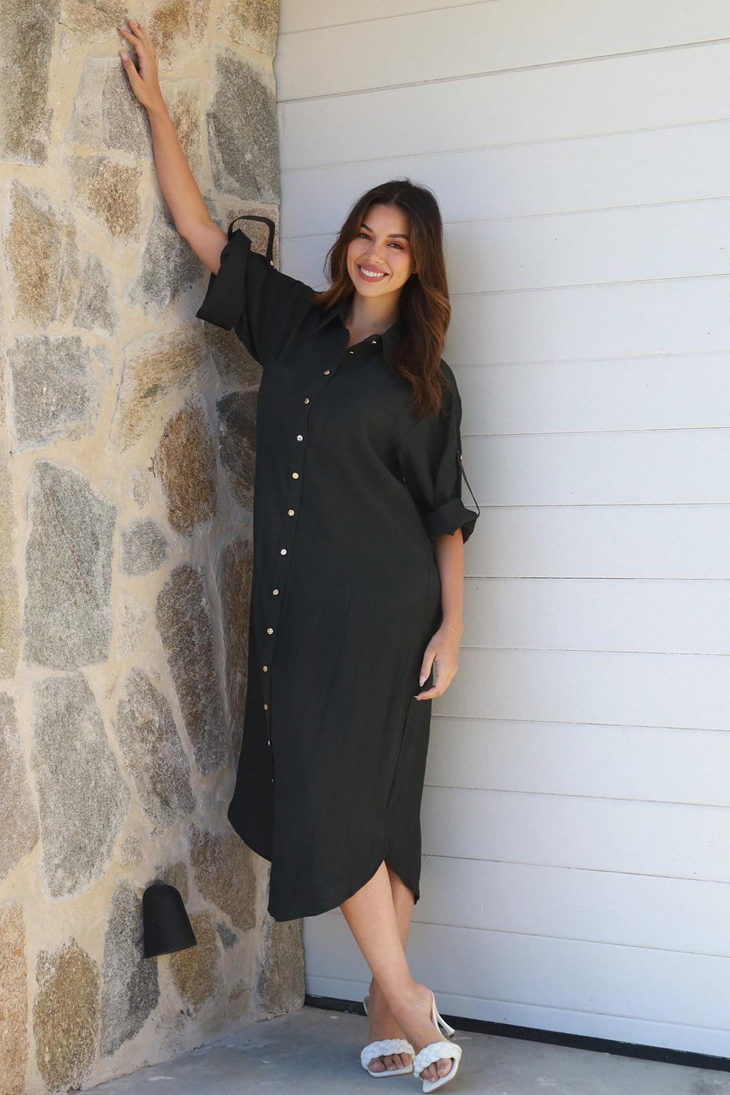 Alina Solid Black Midi Dress