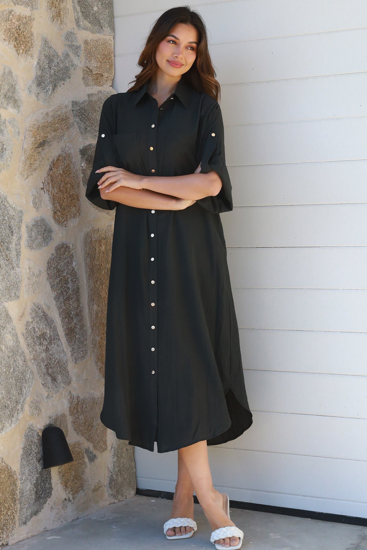 Alina Solid Black Midi Dress