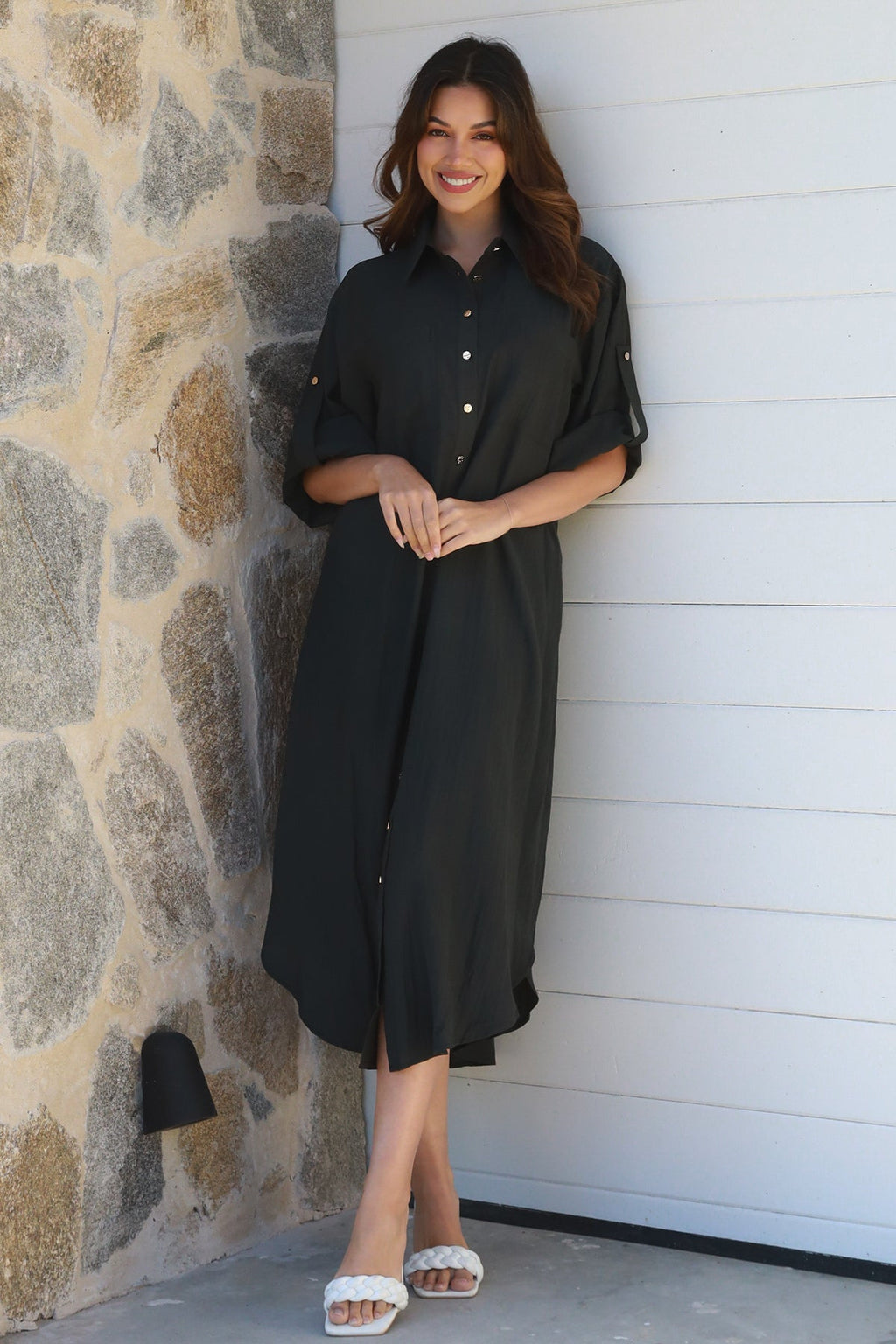 Alina Solid Black Midi Dress