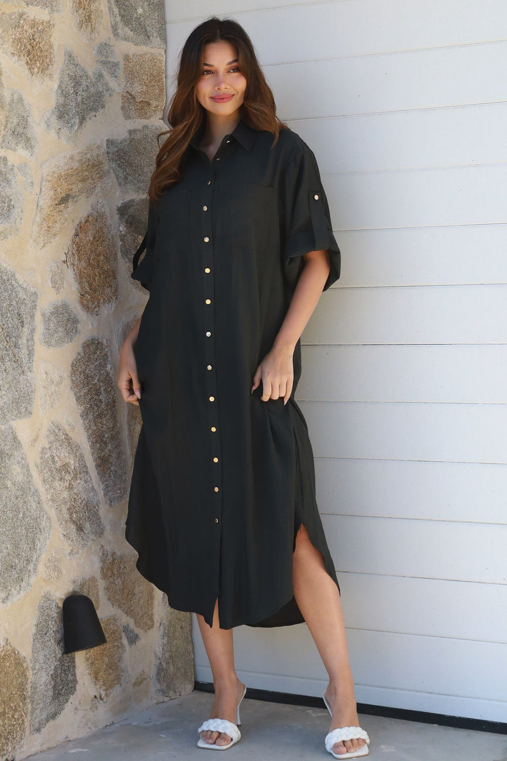Alina Solid Black Midi Dress