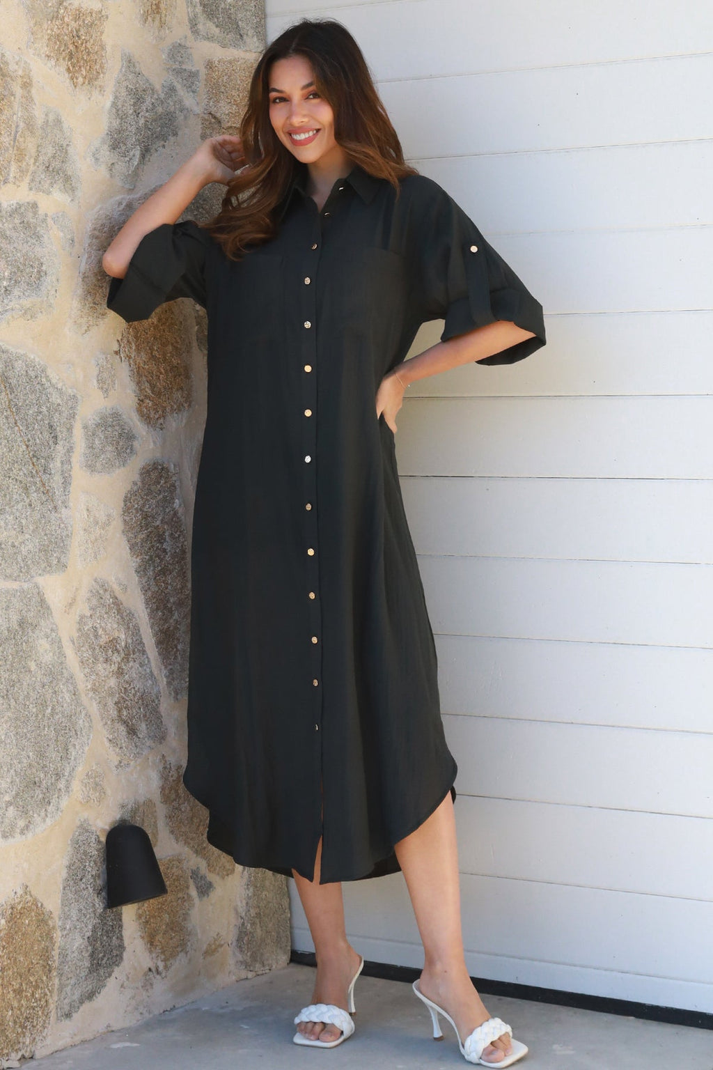 Alina Solid Black Midi Dress