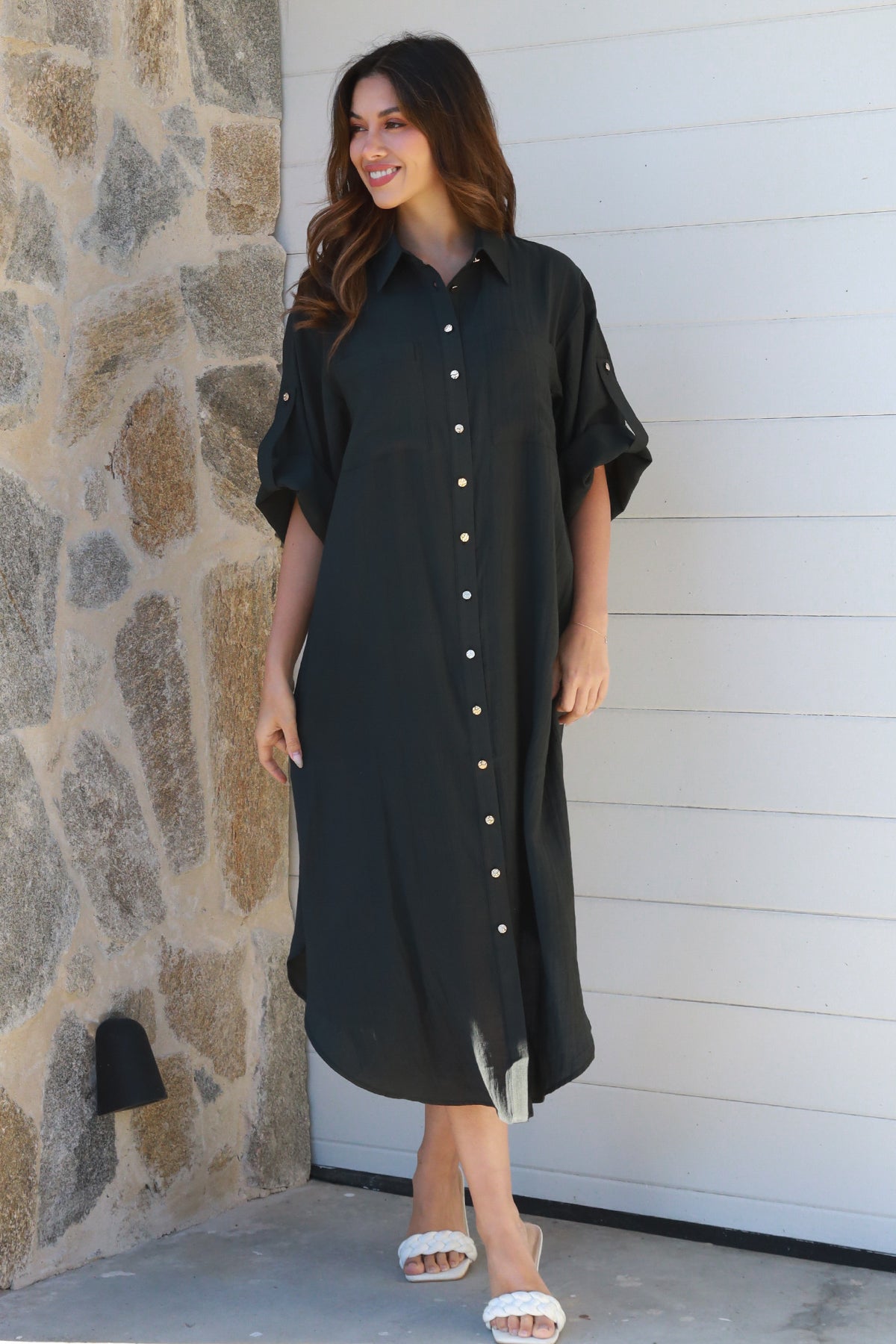 Alina Solid Black Midi Dress