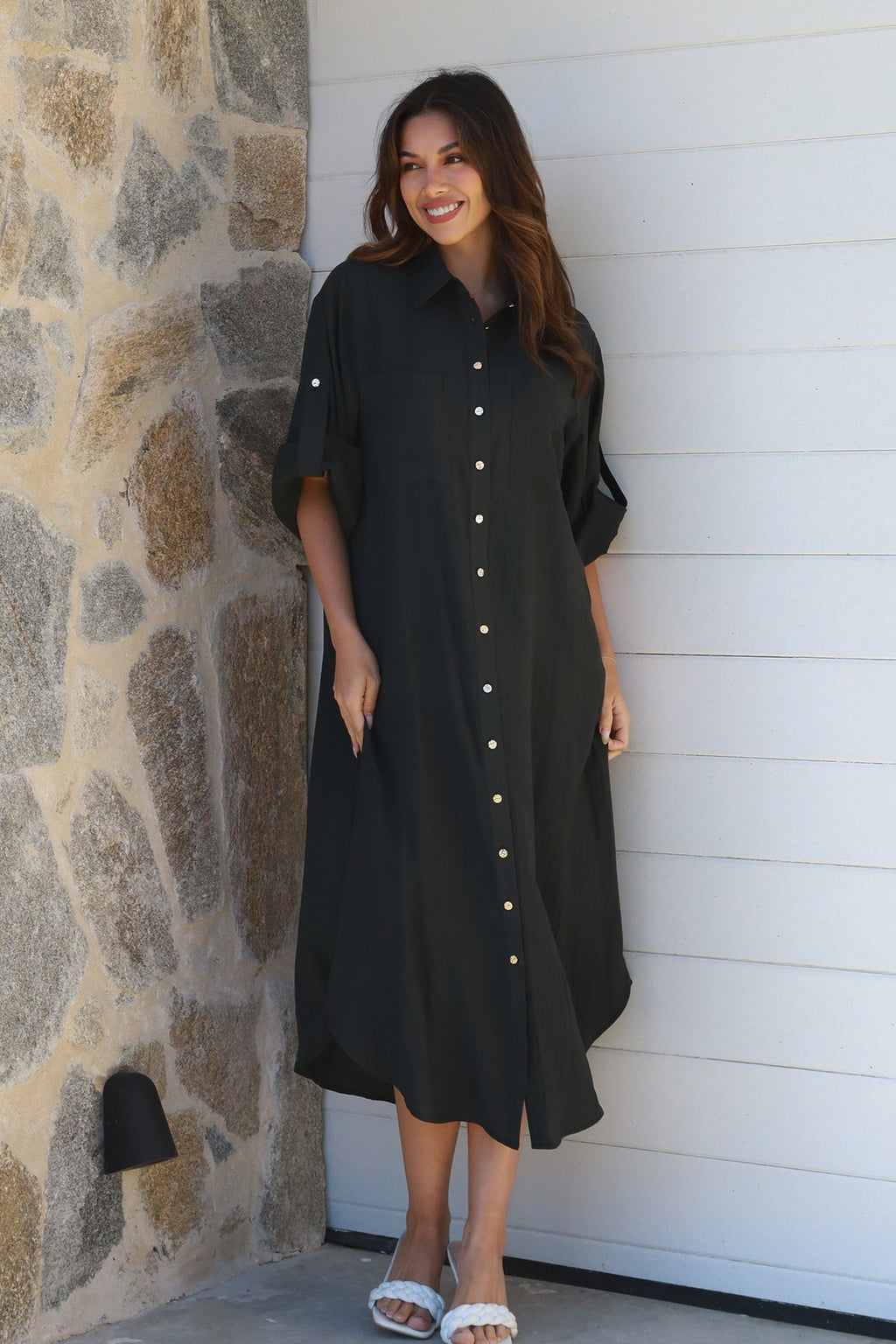 Alina Solid Black Midi Dress