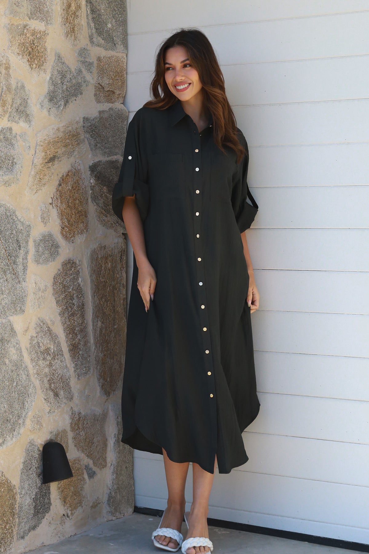 Alina Solid Black Midi Dress