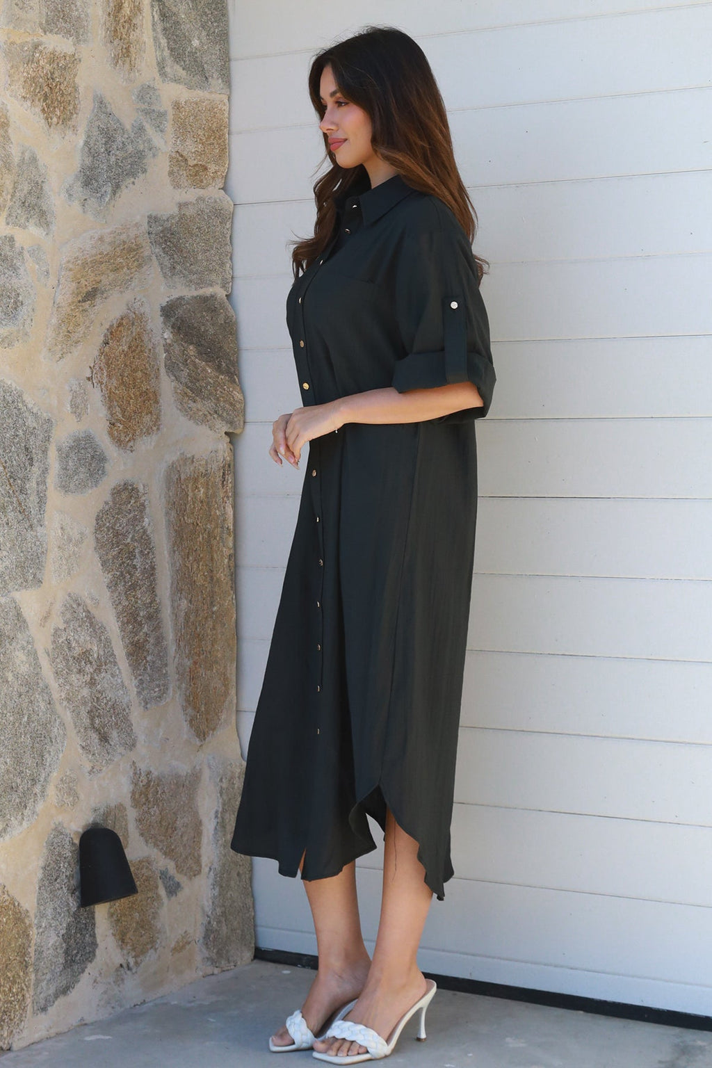 Alina Solid Black Midi Dress