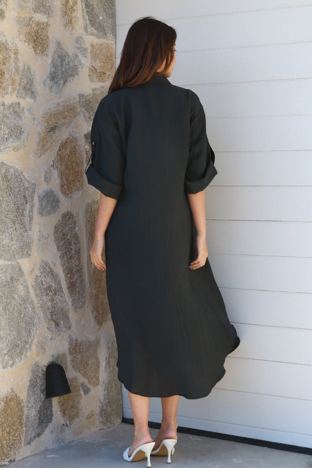 Alina Solid Black Midi Dress