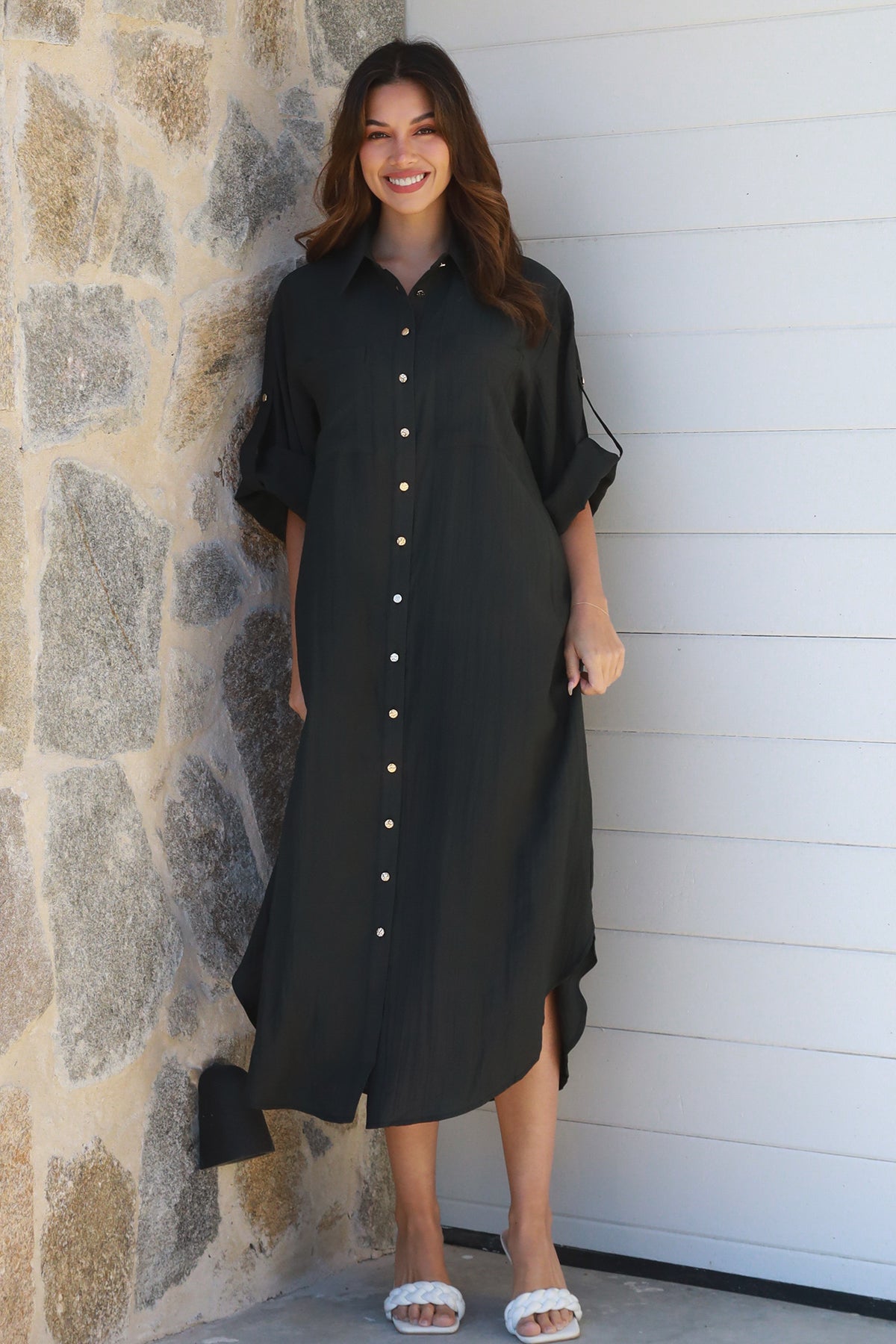 Alina Solid Black Midi Dress