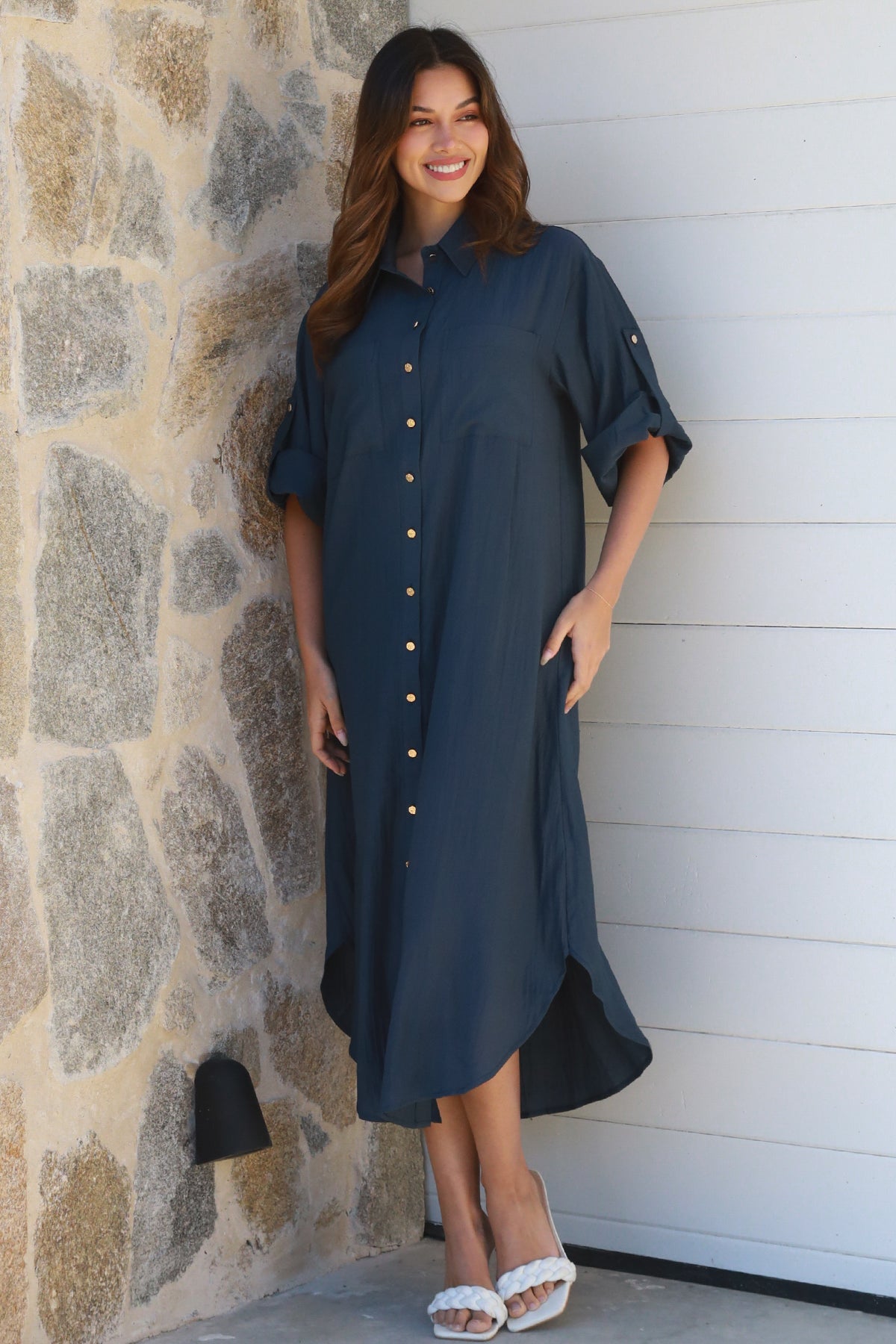 Alina Solid Navy Midi Dress