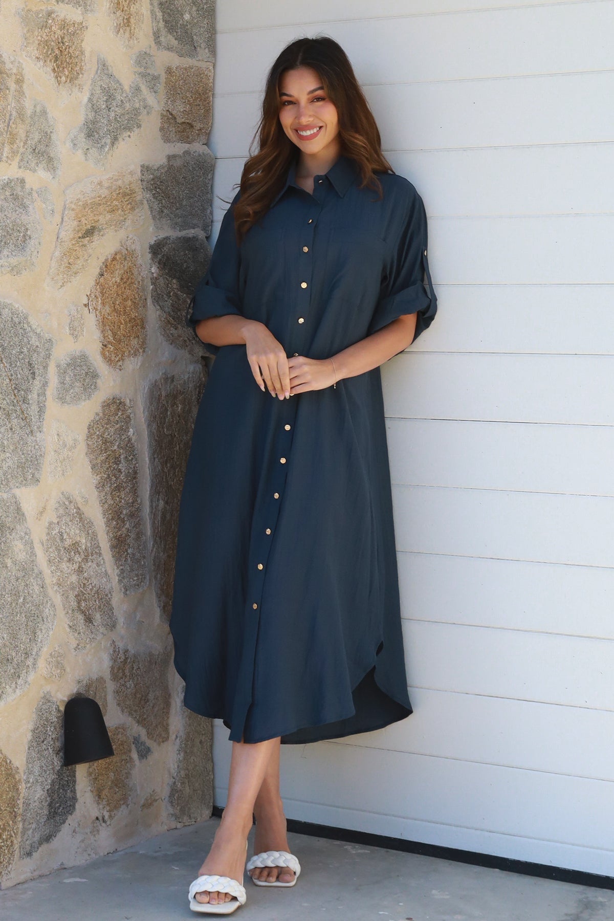 Alina Solid Navy Midi Dress