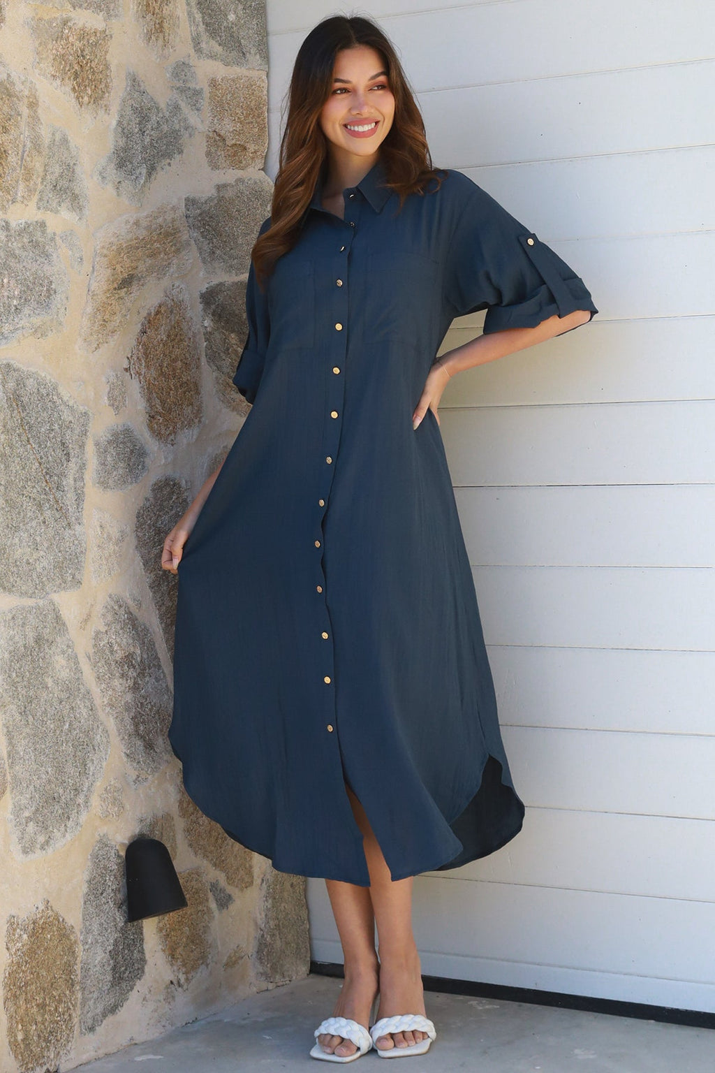 Alina Solid Navy Midi Dress