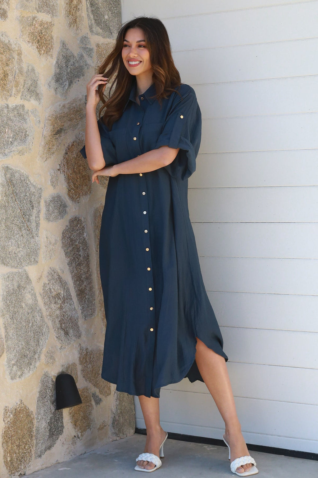 Alina Solid Navy Midi Dress