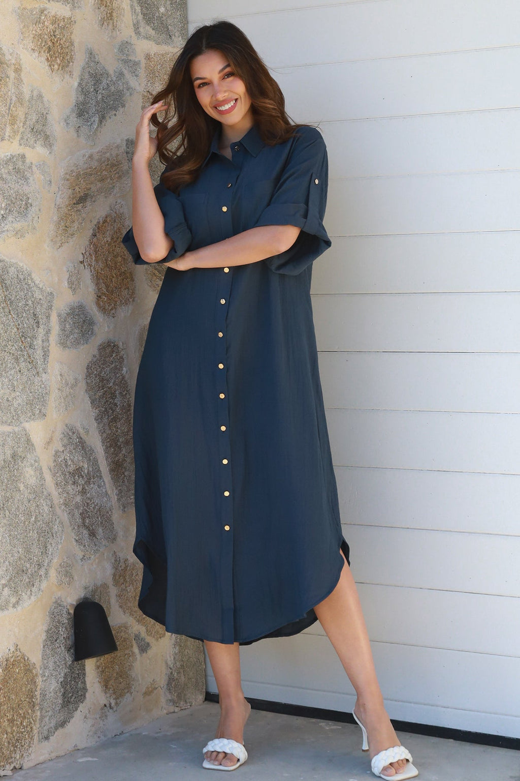 Alina Solid Navy Midi Dress