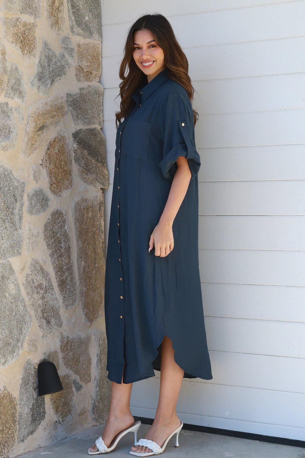 Alina Solid Navy Midi Dress