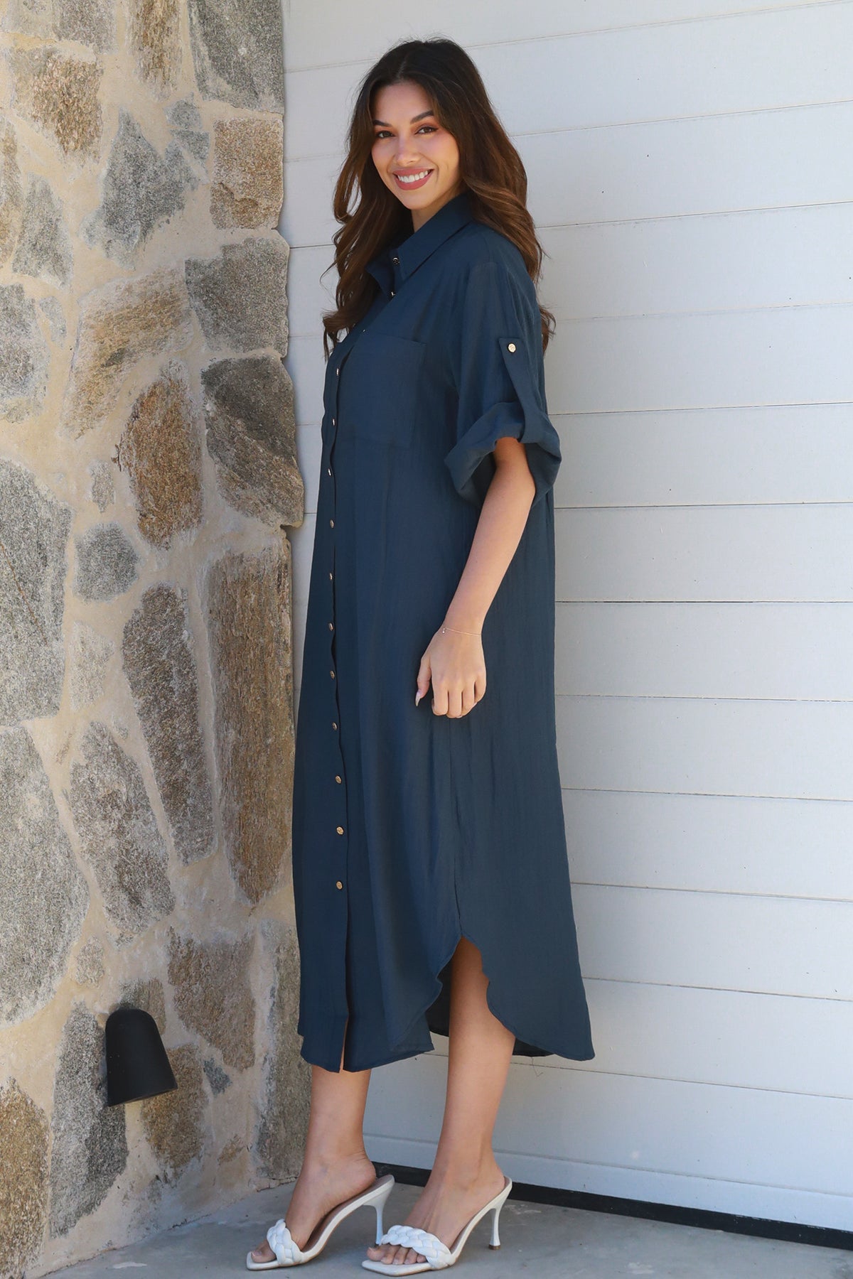 Alina Solid Navy Midi Dress