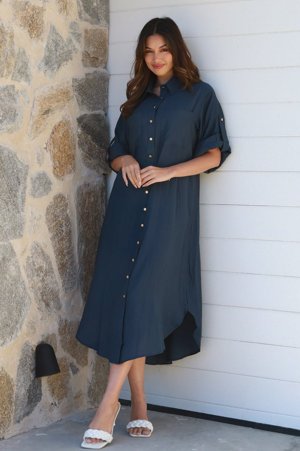 Alina Solid Navy Midi Dress