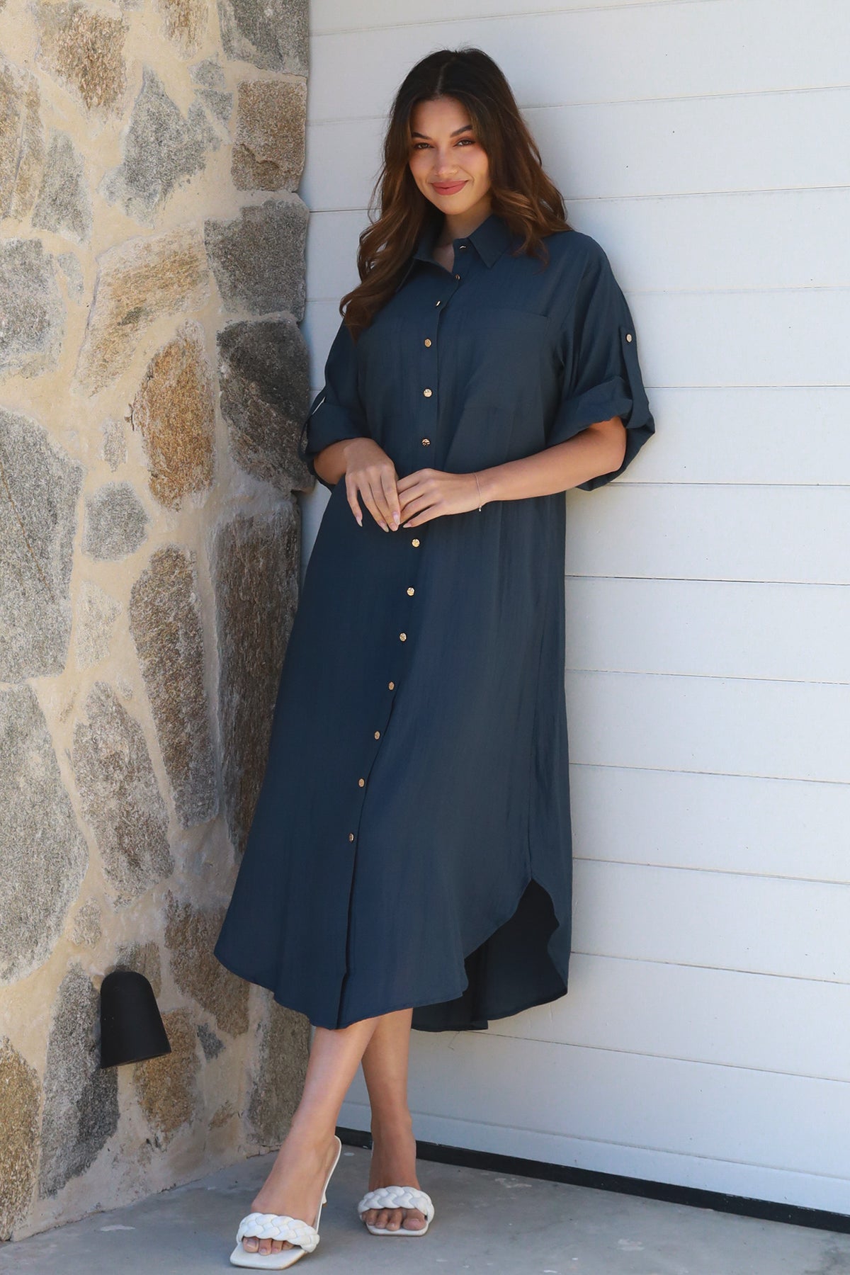 Alina Solid Navy Midi Dress