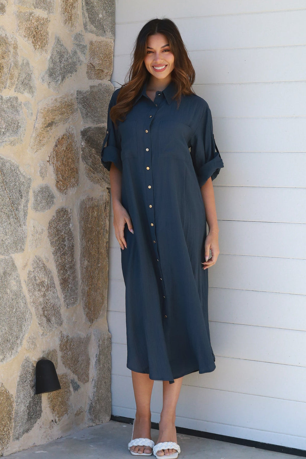 Alina Solid Navy Midi Dress