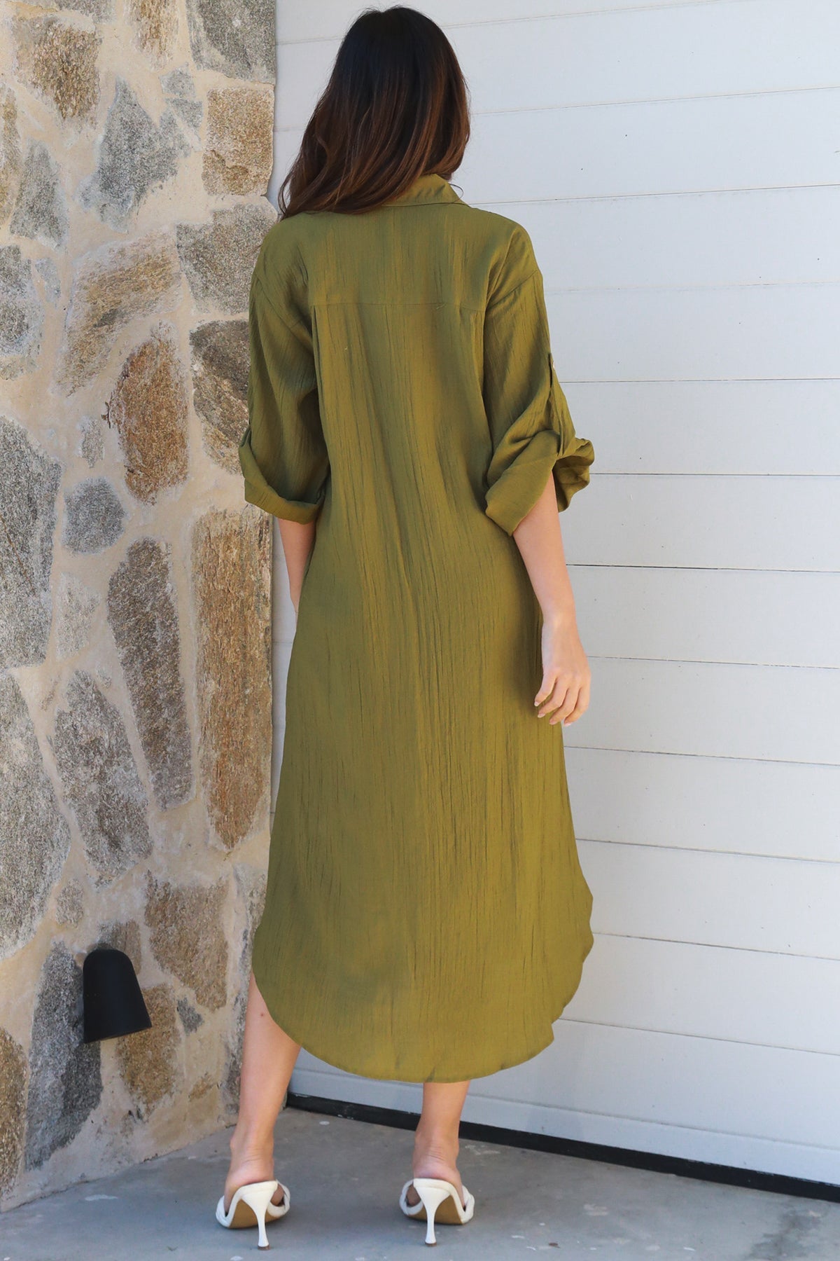 Alina Solid Khaki Midi Dress
