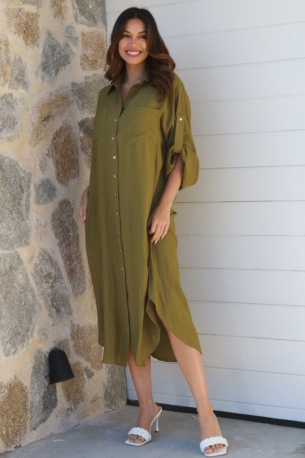 Alina Solid Khaki Midi Dress
