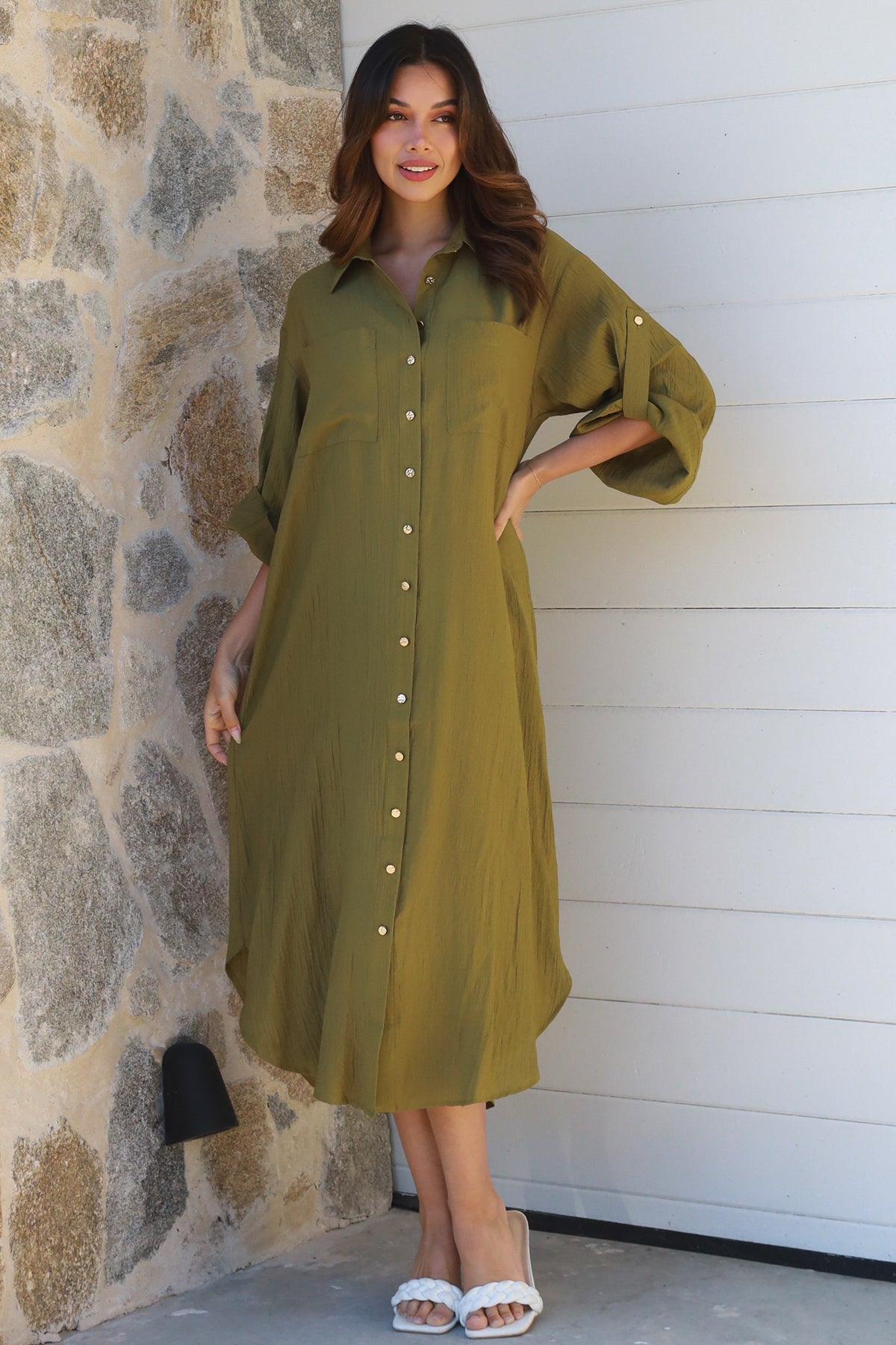 Alina Solid Khaki Midi Dress