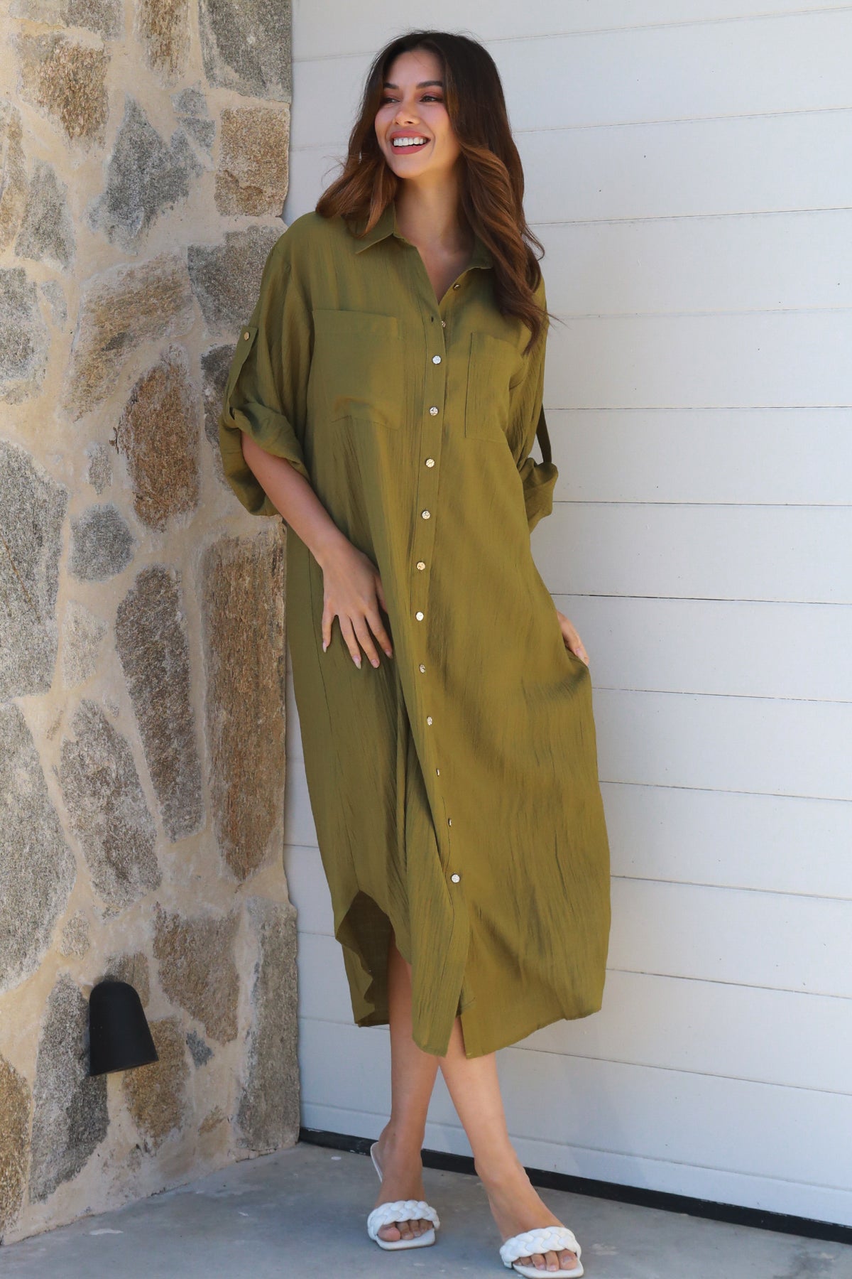 Alina Solid Khaki Midi Dress