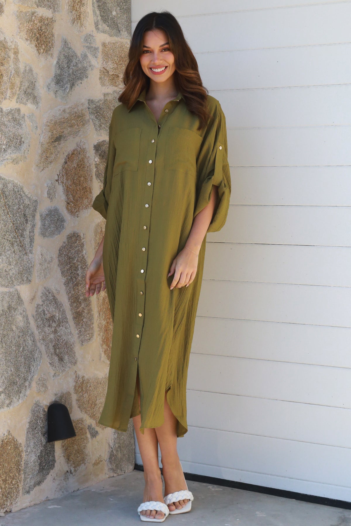 Alina Solid Khaki Midi Dress