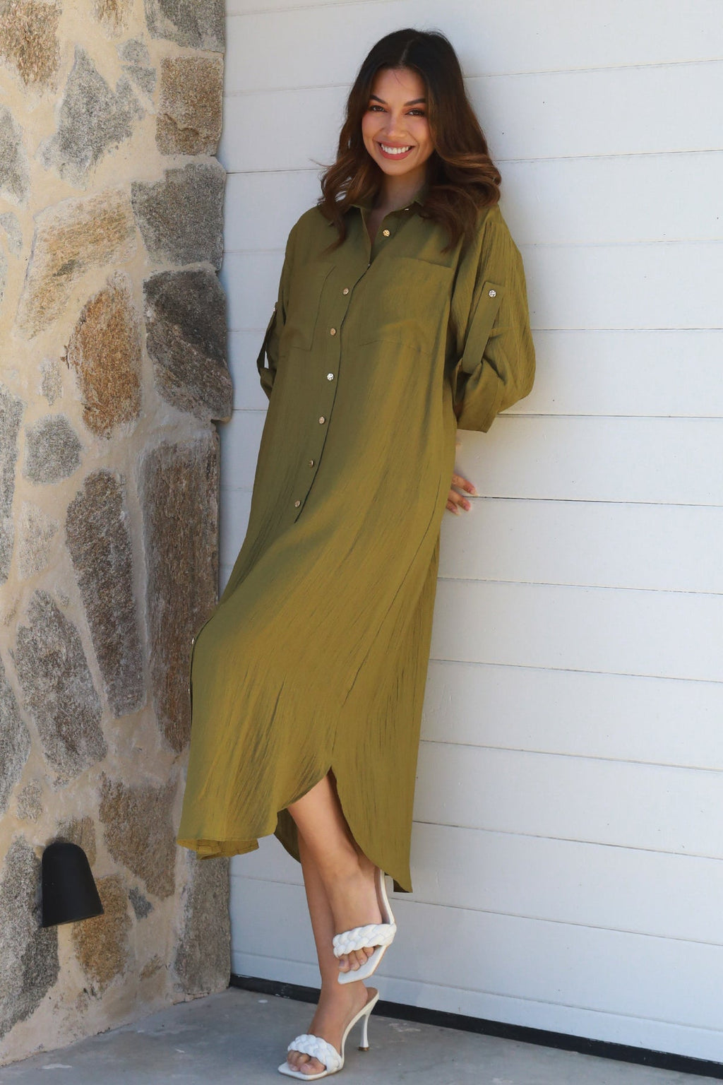 Alina Solid Khaki Midi Dress