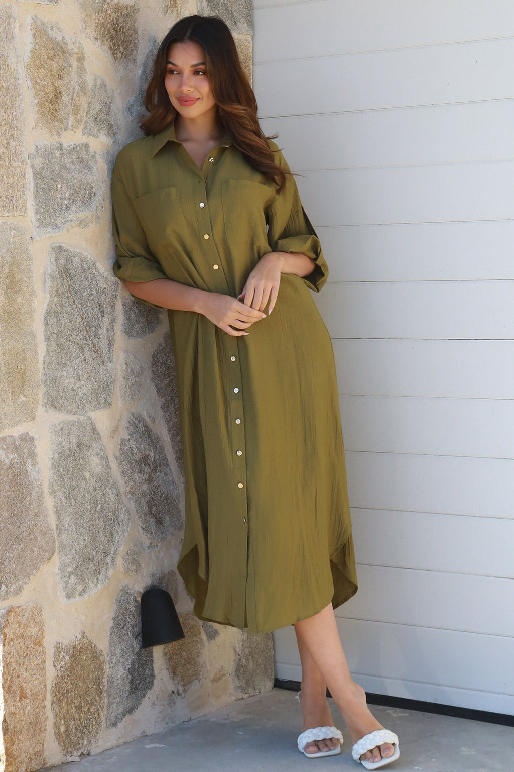 Alina Solid Khaki Midi Dress