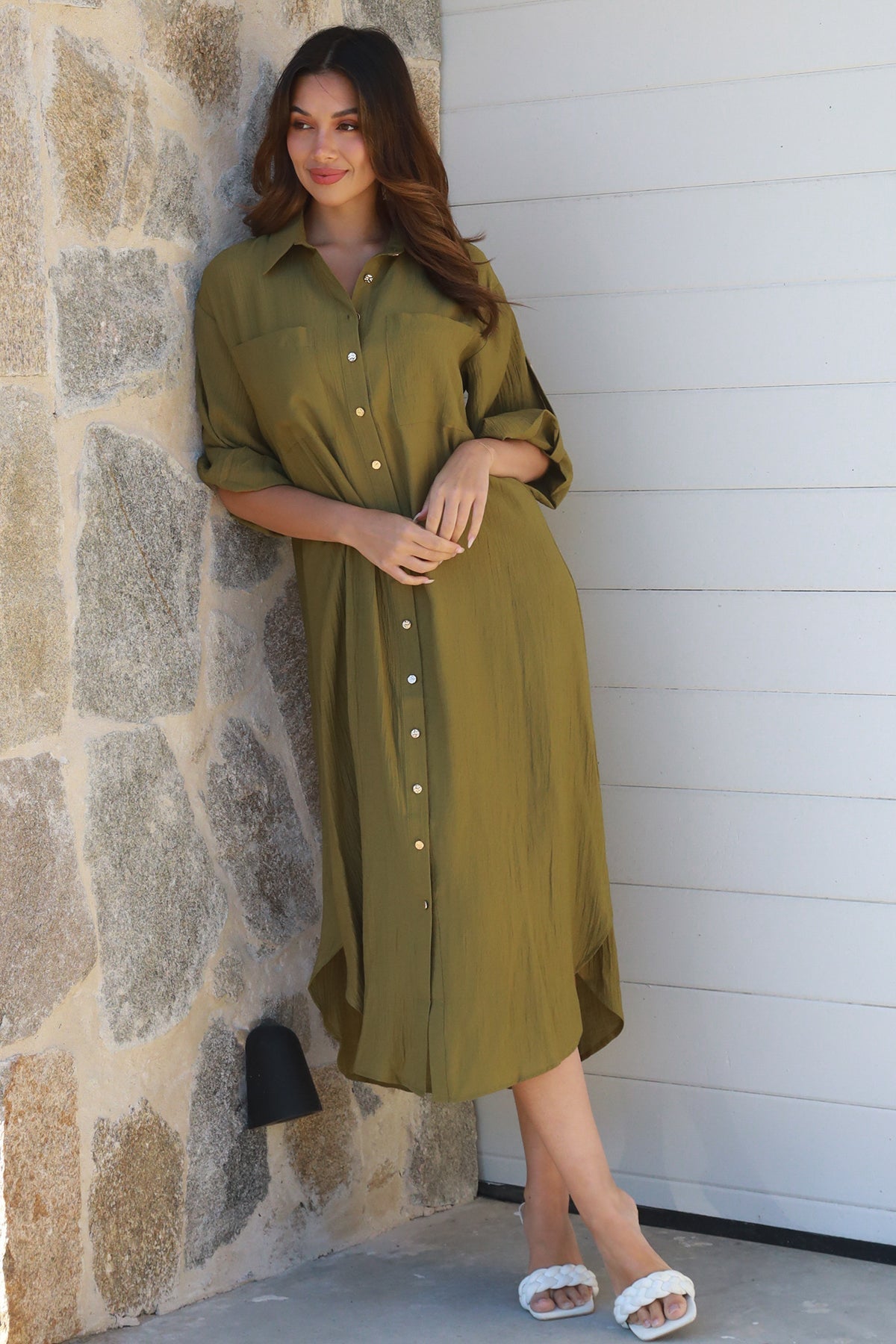 Alina Solid Khaki Midi Dress