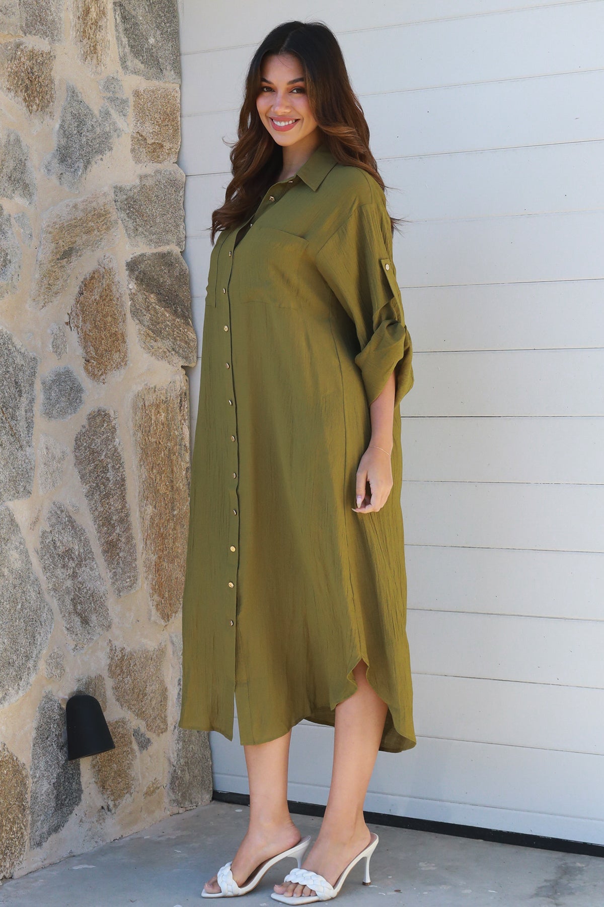 Alina Solid Khaki Midi Dress