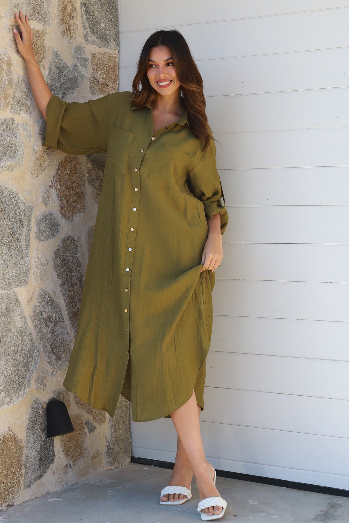 Alina Solid Khaki Midi Dress