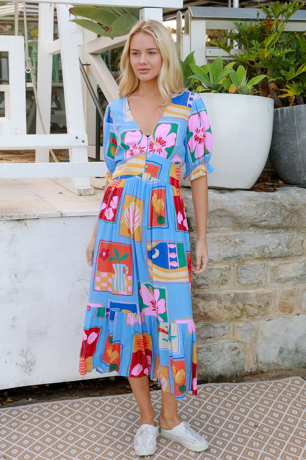 Beatrice Blue V-Neck Midi Dress