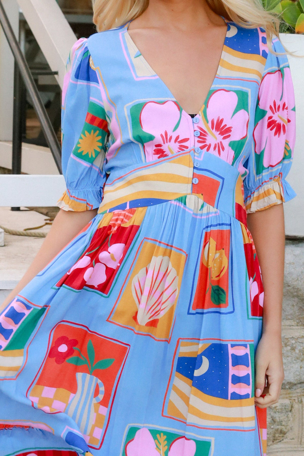 Beatrice Blue V-Neck Midi Dress