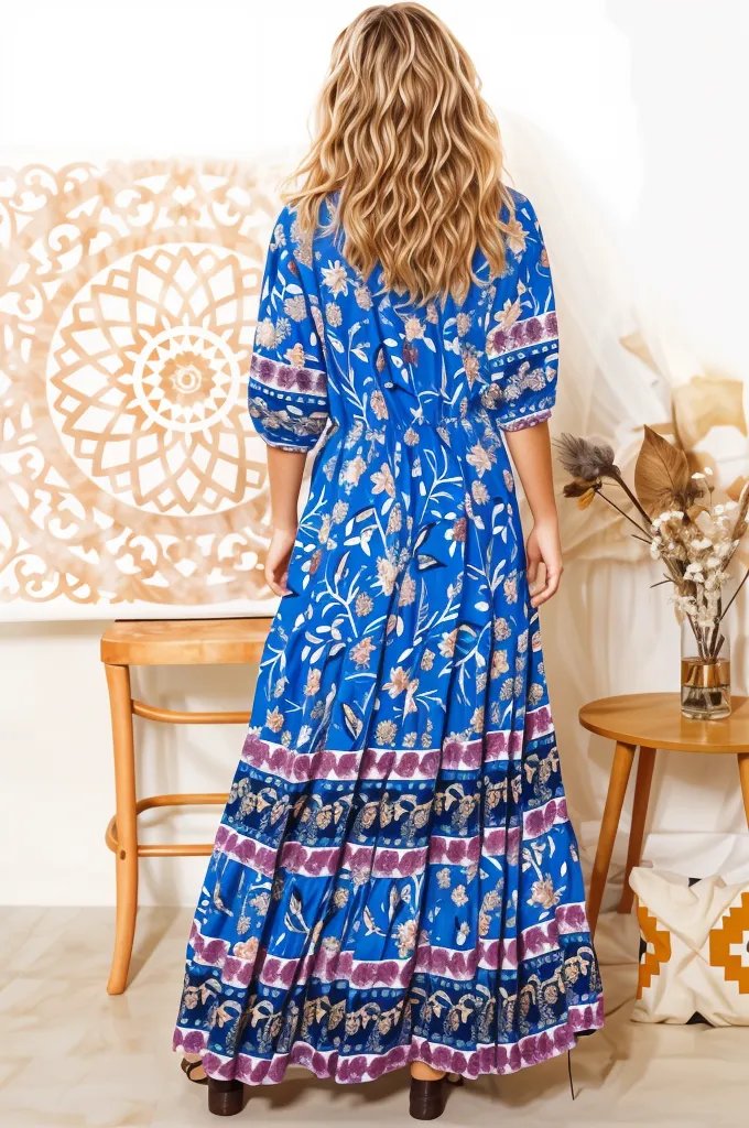 Boho Lane Australia blue floral maxi dress with puff sleeves and tiered skirt detail