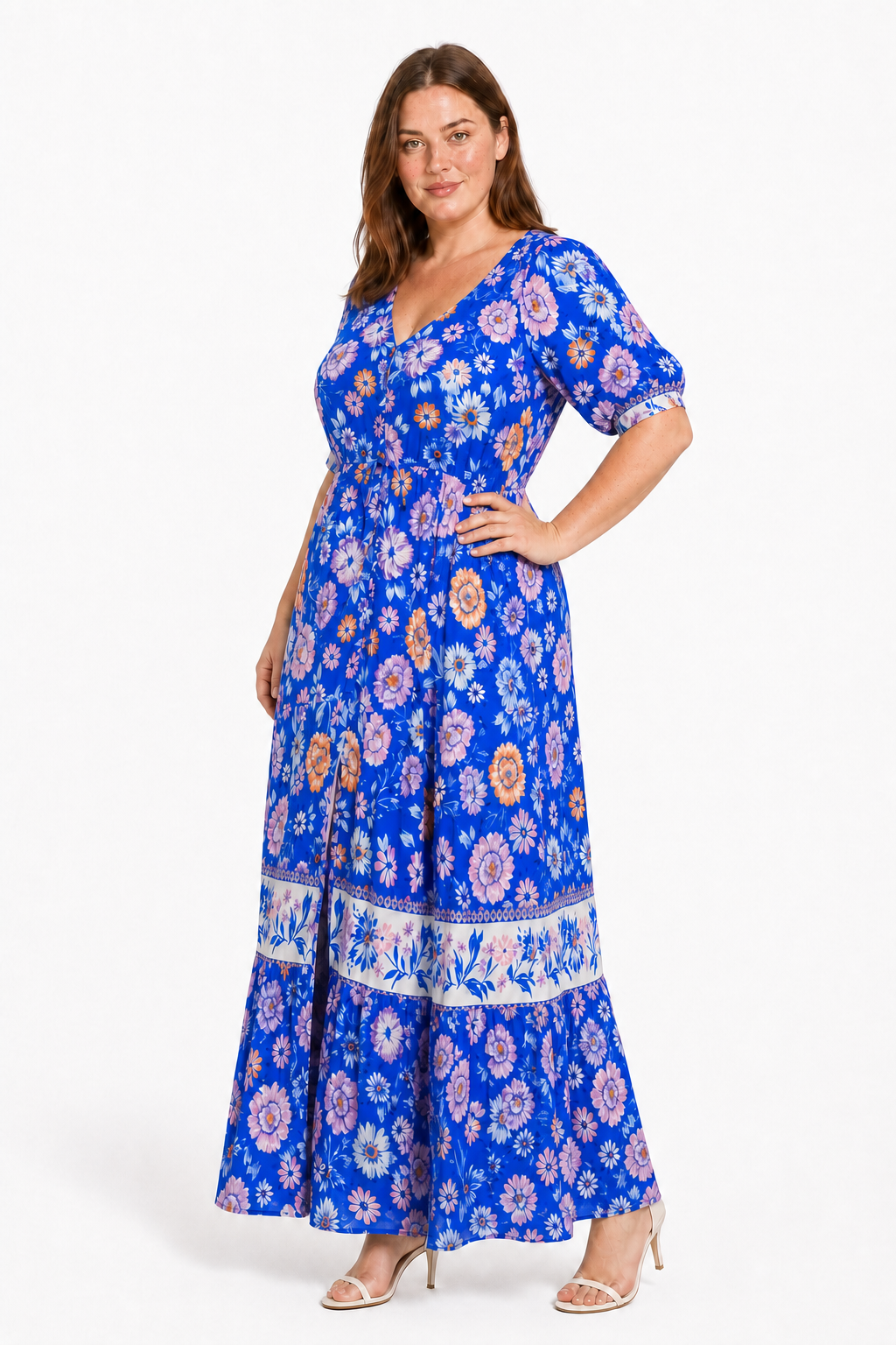 Jia wearing the Lavinia Dream blue floral maxi dress in a three-quarter view