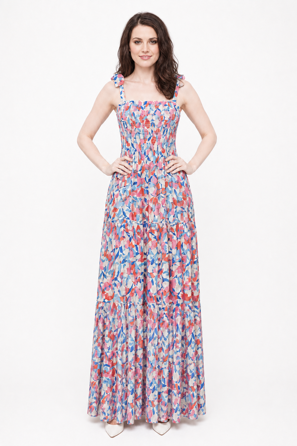 Cherry Blossom Maxi front view on Zena with hands on hips in a white studio.