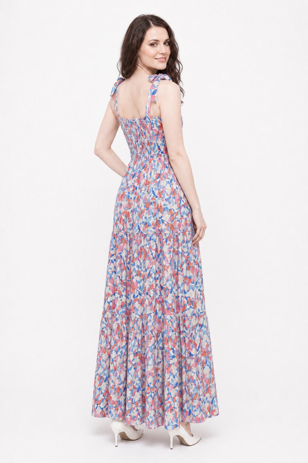 Cherry Blossom Maxi three-quarter back view on Zena with an over-shoulder smile.