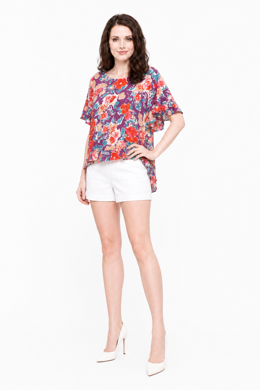 Mauve Round Neckline Top three-quarter view with white tailored shorts