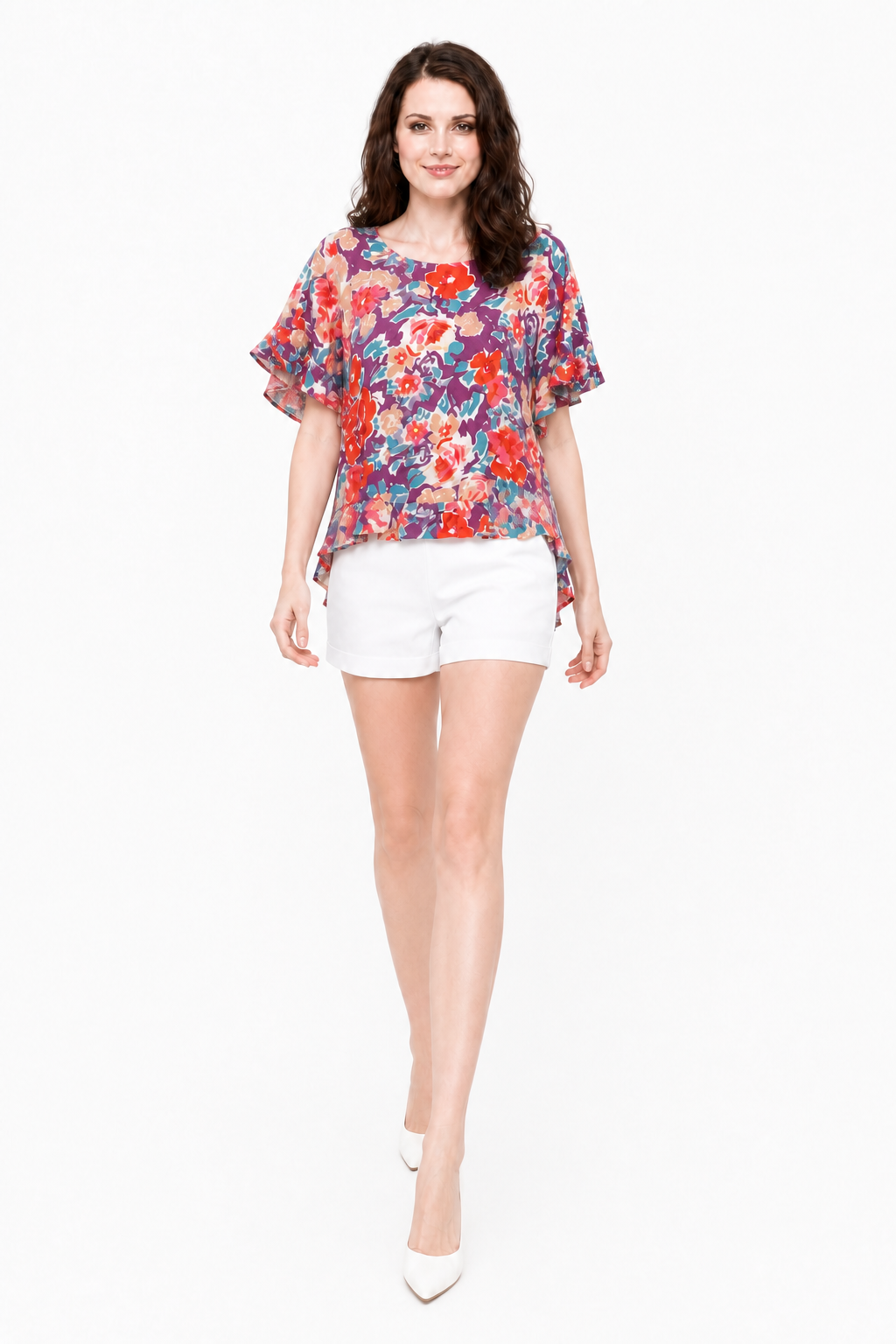 Mauve Round Neckline Top walking view with white tailored shorts