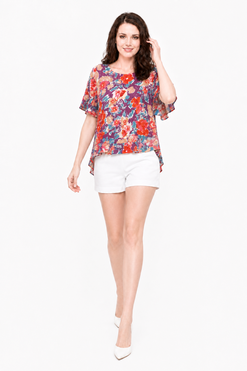 Mauve Round Neckline Top editorial walking view with white tailored shorts