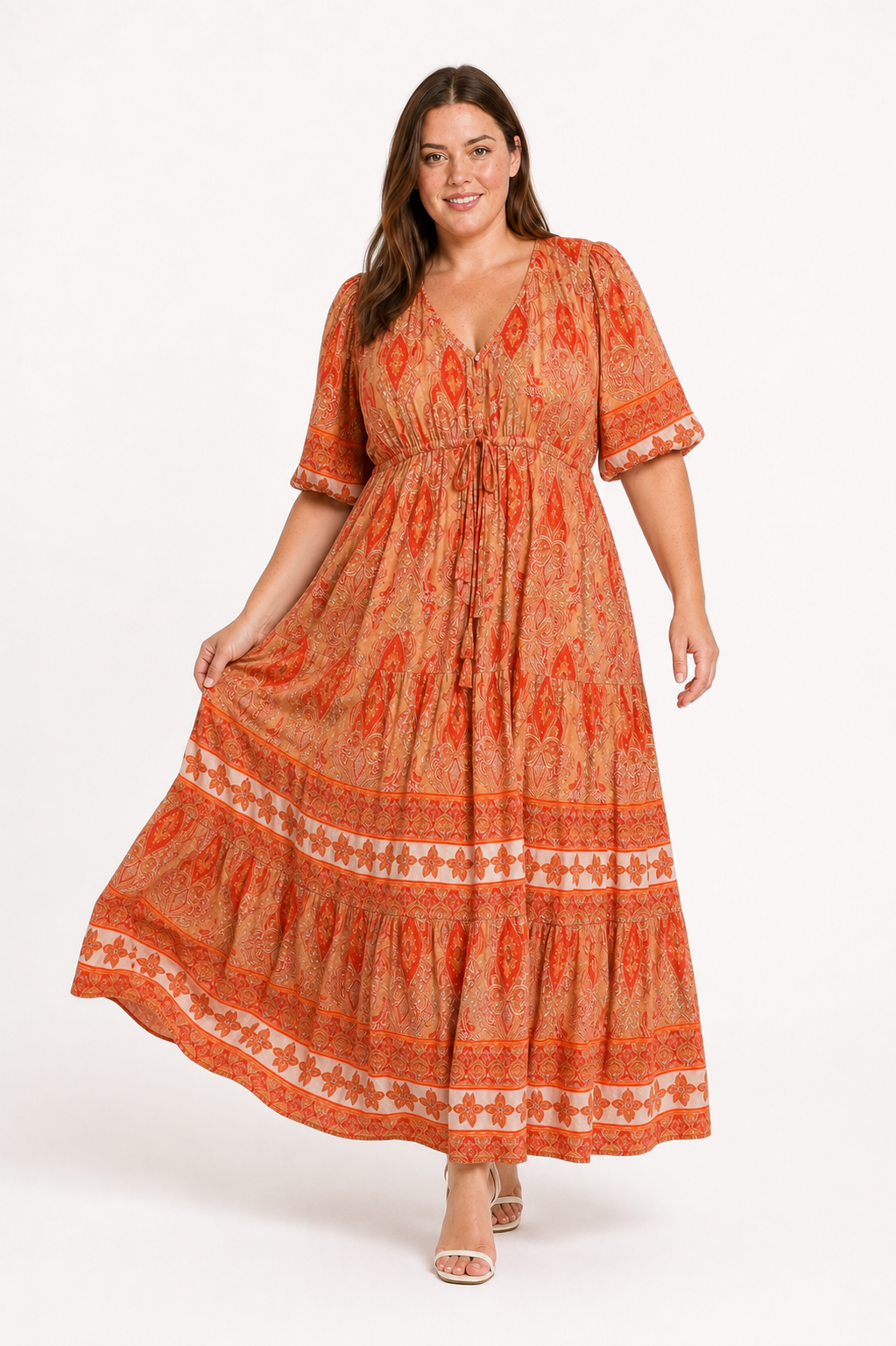 Jia walking in the Rosie Maxi, showing the flowing tiered skirt