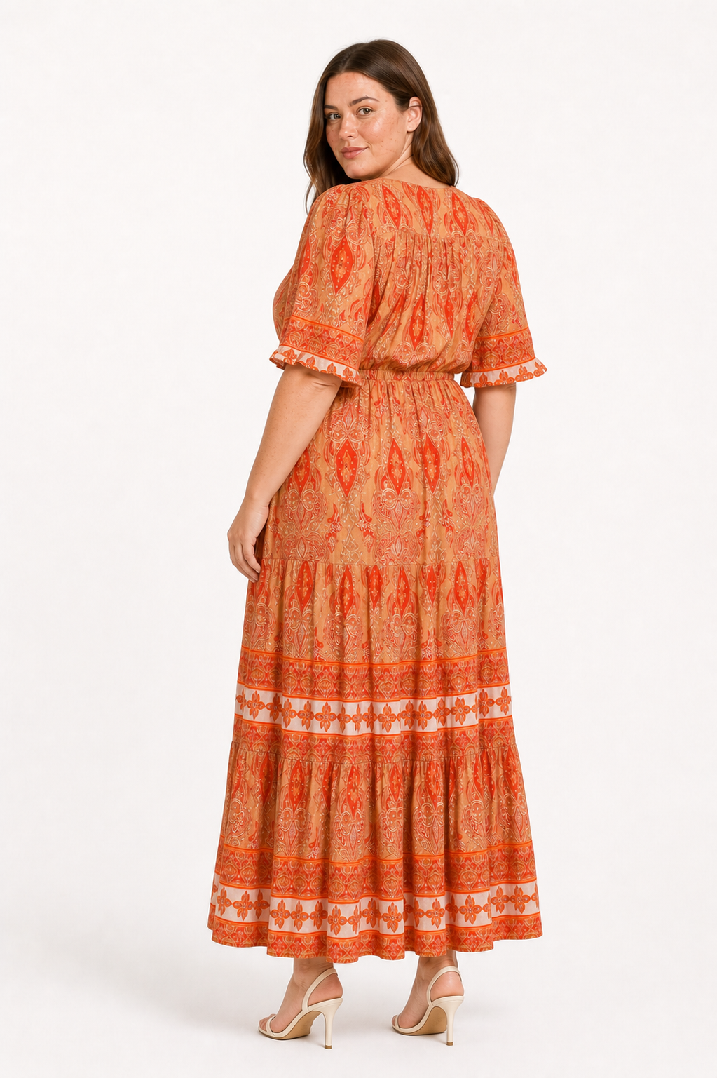 Jia wearing the Rosie Maxi in a three-quarter back view