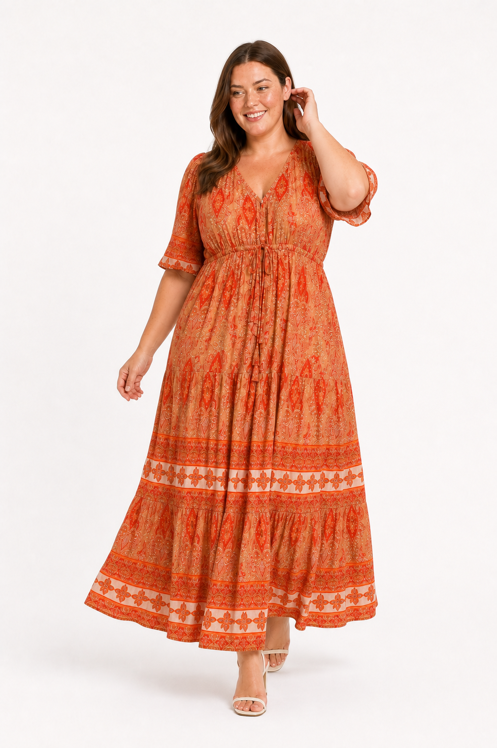 Jia walking in the Rosie Maxi with a joyful expression