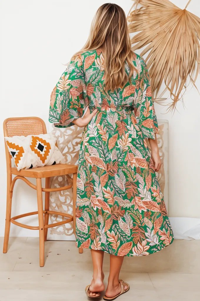 Back view of woman wearing Ziana Heena floral dress with green and orange leaf pattern by Boho Lane Australia