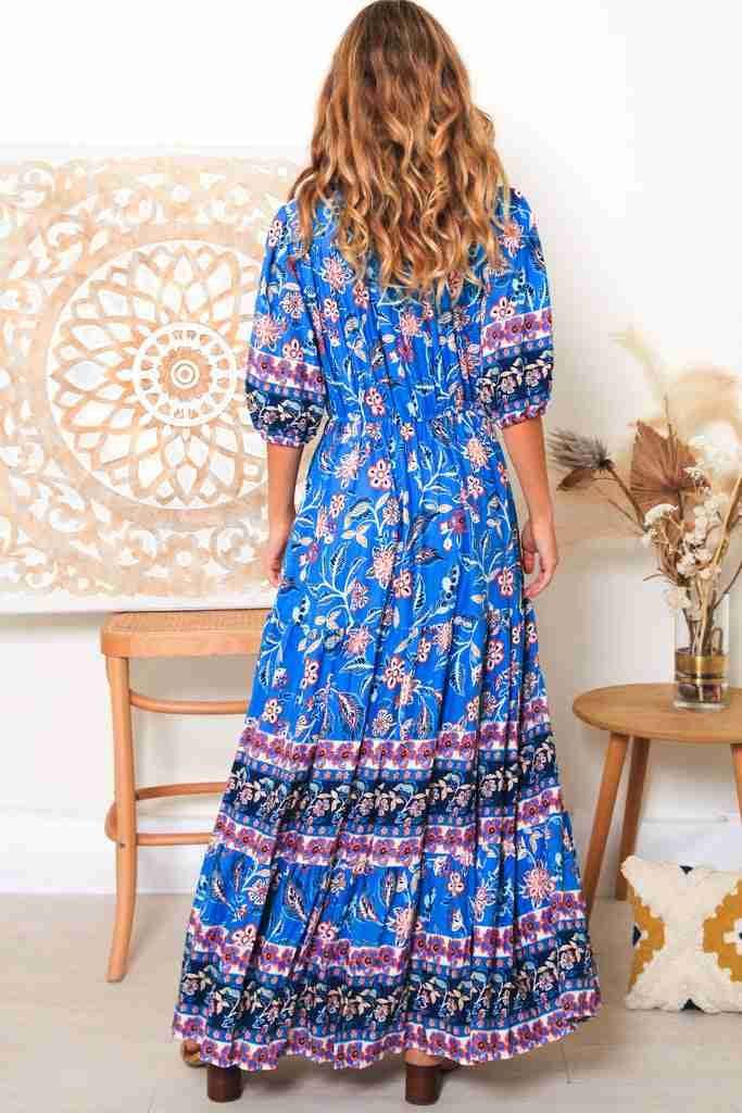 Boho Lane Australia blue floral maxi dress with puff sleeves and tiered skirt shown from back