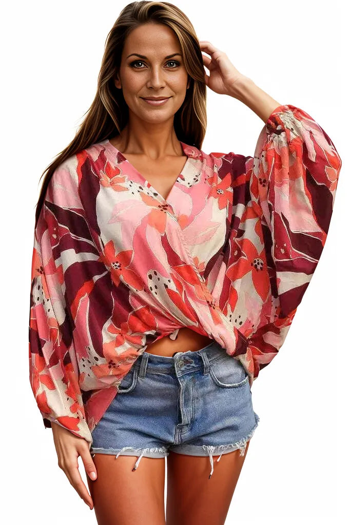 Boho Lane Australia bohemian floral wrap top with vibrant red and pink patterns and balloon sleeves