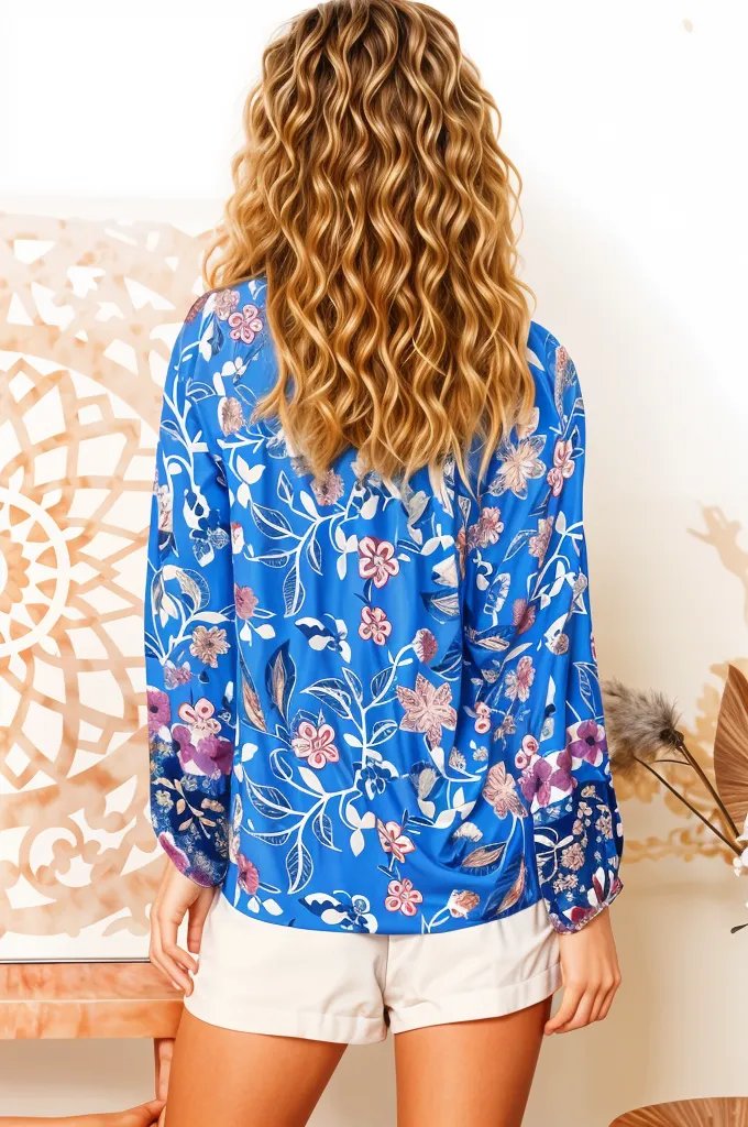 Woman wearing a blue floral Hana Fleur boho blouse from Boho Lane Australia with long sleeves and white shorts